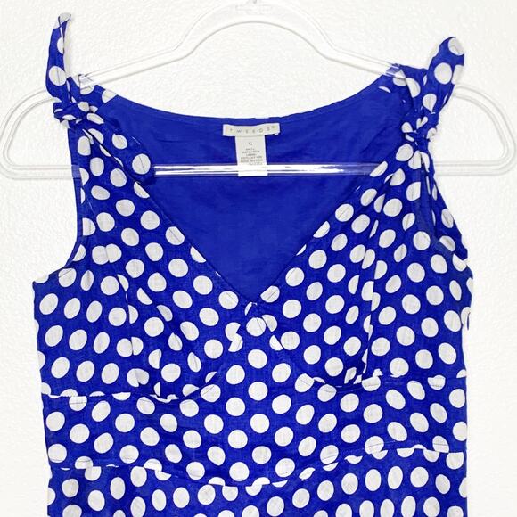 TWEEDS Linen Polka Dot Tank Top V-Neck Knotted-Strap Lined Blue White Size Small - Picture 2 of 6